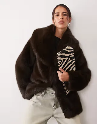 4th & Reckless faux fur oversized collar jacket in chocolate