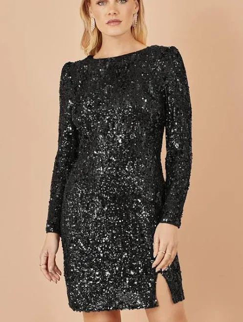 Yumi Women's Sequin Long Sleeve Fitted Dress
