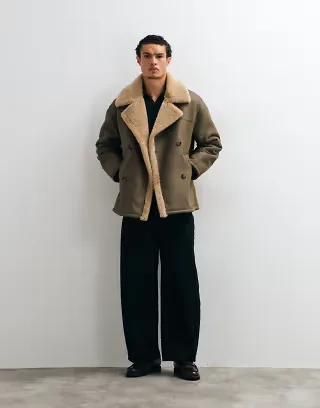 ASOS DESIGN borg lined aviator jacket in pale brown