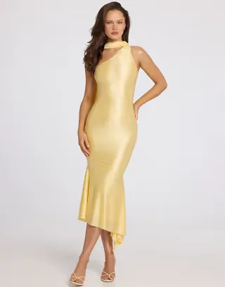 Oh Polly satin asymmetric scarf detail midi dress in butter yellow