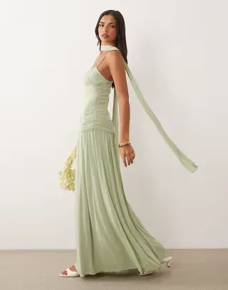 ASOS DESIGN mesh ruched bust maxi dress with scarf detail in sage green