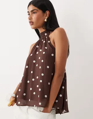 Gina Tricot sleeveless halterneck top in brown polka dot