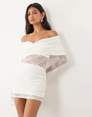 JW PEI Bridal knit draped off-shoulder lace insert mini dress in white