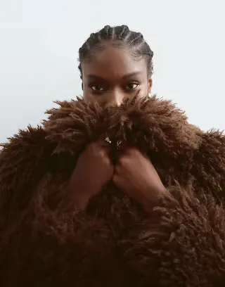 ARRANGE structured shaggy faux fur jacket with collar in chocolate