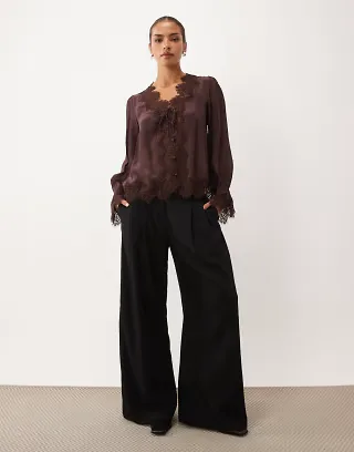 Nobody's Child Wilde lace detail tie bust long sleeve blouse in chocolate