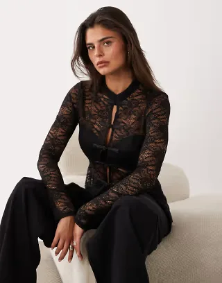 ASOS DESIGN long sleeve lace mandarin collar top in black