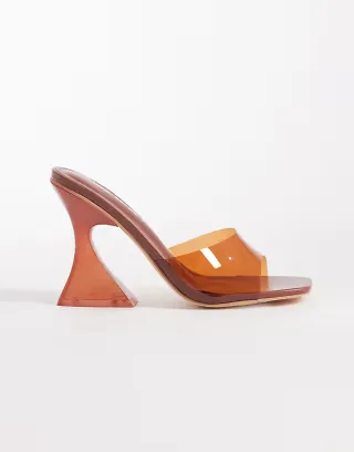 Public Desire curved heel clear heeled sandals in brown