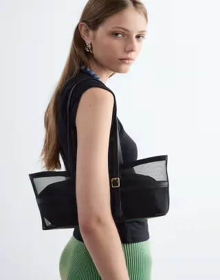 & Other Stories premium leather mesh tote shoulder bag in black