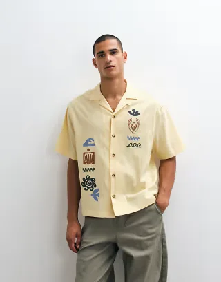 ASOS DESIGN boxy oversized camp collar shirt with placement print in yellow
