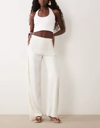 ASOS DESIGN satin fringe wide leg pants in ivory