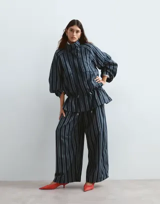 ARRANGE textured oversized jacket and barrel leg pants set in navy stripe