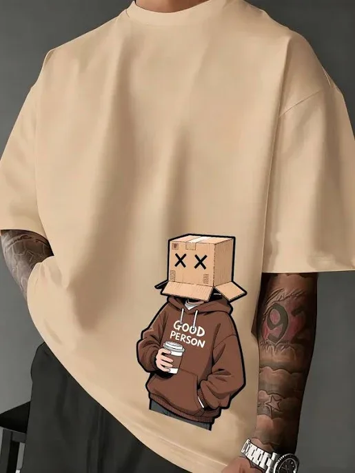 SHEIN Men's Oversized Loose Fit Drop Shoulder Cartoon Letter Print T-Shirt