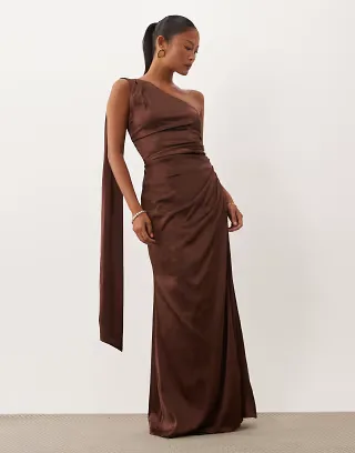 TFNC Bridesmaid Petite satin one shoulder drape back slit detail maxi dress in chocolate