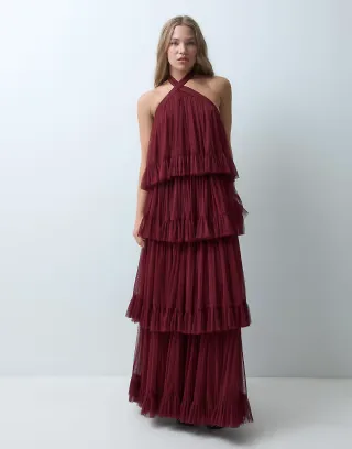 Lace & Beads Petite tulle cross neck tiered maxi dress in burgundy