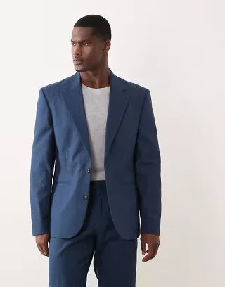 ASOS DESIGN 100% cotton linen look slim suit jacket in navy
