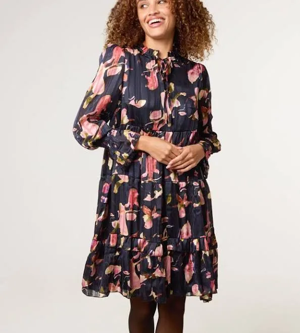 Blue Vanilla Women's Black Tie Neck Floral Chiffon Smock Dress