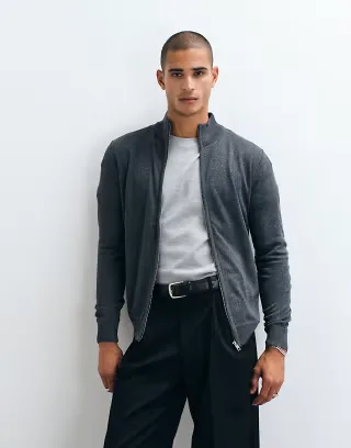 Brave Soul zip through funnel neck knitted sweater in charcoal twist
