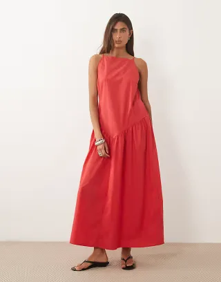 ASOS DESIGN poplin slash neck dropped waist maxi dress in red