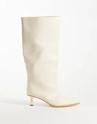Public Desire Lola kitten heel knee boots in cream PU