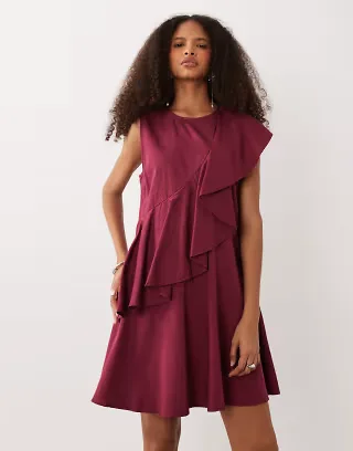 YAS asymmetric ruffle mini dress in beetroot red