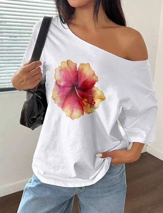 Sunnyshic White Hibiscus Print Oversized T-Shirt Women's Clothing Shirts Tees Asymmetrical Shoulder Loose Floral Graphic