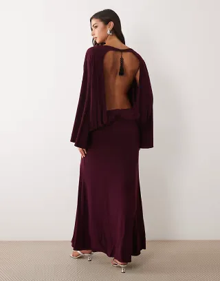 ASOS DESIGN backless wide sleeve maxi dress in burgundy