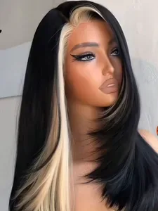Brand Black and White Highlight Layered Cut Straight Human Hair Wigs - 13x4 & 13x6 HD Frontal, Pre-Plucked Brazilian Hai