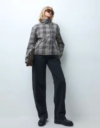 Object funnel neck reversible check short trench coat in brown