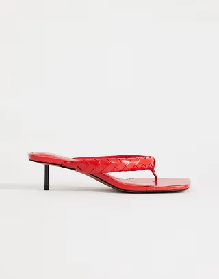 Topshop Emily pin heel woven flip flops in red