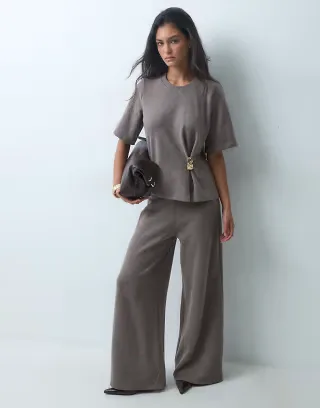 ASOS DESIGN supersoft wide leg set trouser in brown