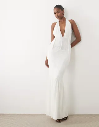 ASOS DESIGN textured lace cinched waist corset detailing maxi dress with fishtail hem in cream