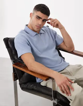 ASOS DESIGN regular fit zip polo in blue waffle