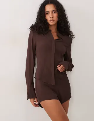 AFRM Caroline long sleeve button down shirt with shoulder pads in chocolate -part of a set