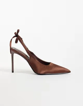 SEQWL Wide Fit Sorrento sling back low block heeled shoes in chocolate croc