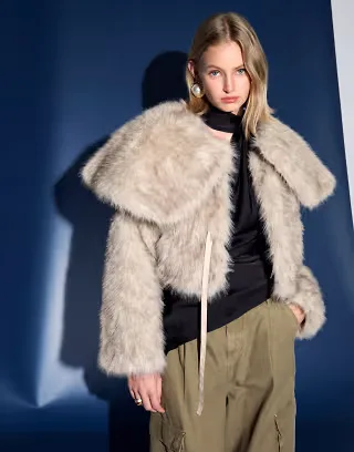 House of Sunny Gaia faux fur jacket with detachable sleeves and cape in cream