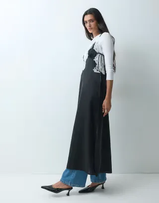 Miss Selfridge longline satin and lace cami in mono