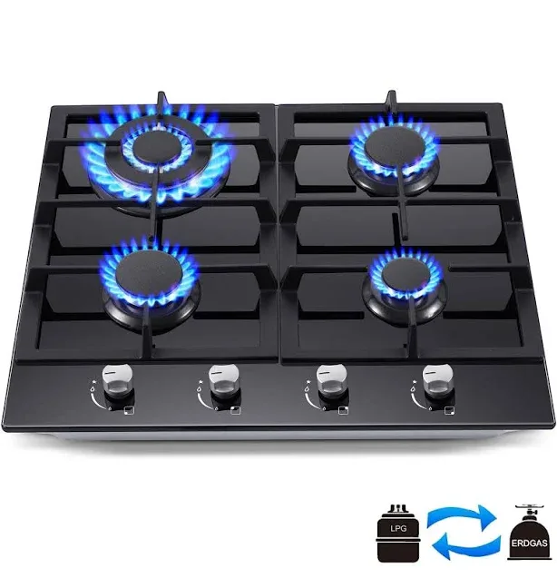 24in Kitchen Gas Cooktop 4 Burners Built-in Hob NG/LPG Tempered Glass Convertible | Dual Fuel | 120 V | Easy Clean | Kno