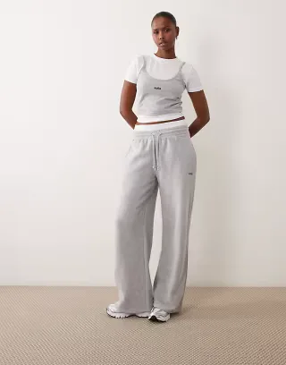 Kaiia cotton rich embroidered logo detail double waistband wide leg sweatpants in gray and white - part of a set
