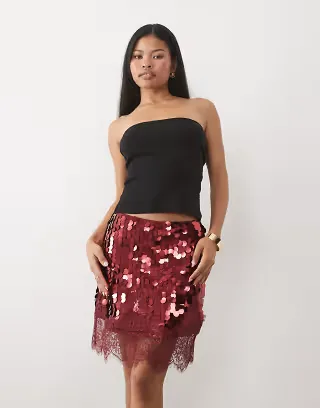 Never Fully Dressed Petite sequin mini skirt in burgundy