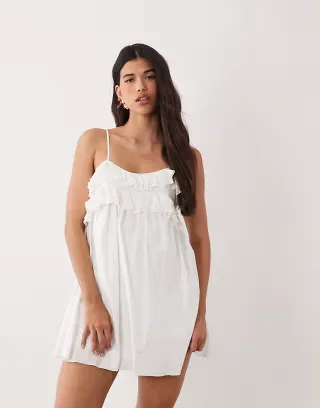 Fashionkilla exclusive poplin ruffle hem cami top babydoll mini dress in white