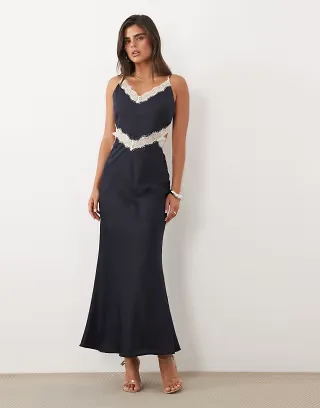 ASOS DESIGN lace trim cut out bias cut cami maxi dress in navy blue