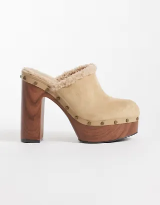 ASOS DESIGN Penny high heeled clog mules in sand suedette