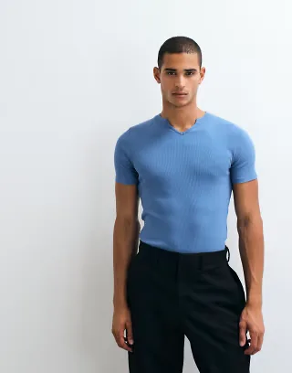 ASOS DESIGN muscle fit T-shirt with notch neck in blue