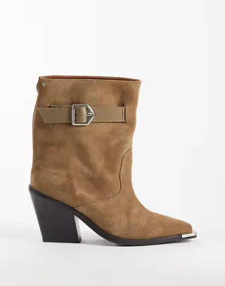 Bronx New-kole buckle western high ankle boots in dark natural suede