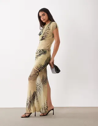 ASOS DESIGN printed mesh leaf maxi skirt set in zebra