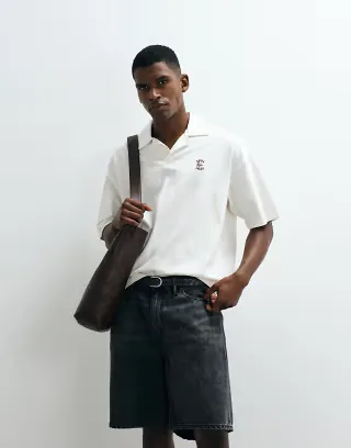 ASOS DESIGN heavyweight boxy oversized polo with chest embroidery in cream