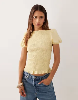 ASOS DESIGN shirred short sleeve top in buttermilk voile