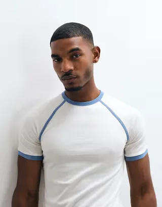 ASOS DESIGN slim fit raglan ringer T-shirt in cream and blue