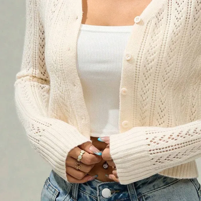 SHEIN Women's Solid Color Simple Long Sleeve Cardigan, Cute , Cropped Knit Sweater, Fall&Winter , Long Sleeve Top Office