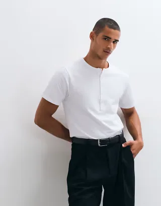 ASOS DESIGN regular fit T-shirt with henley neck in white seersucker
